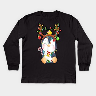 Cute Penguin Christmas Reindeer Color Lights Happy Holiday Kids Long Sleeve T-Shirt